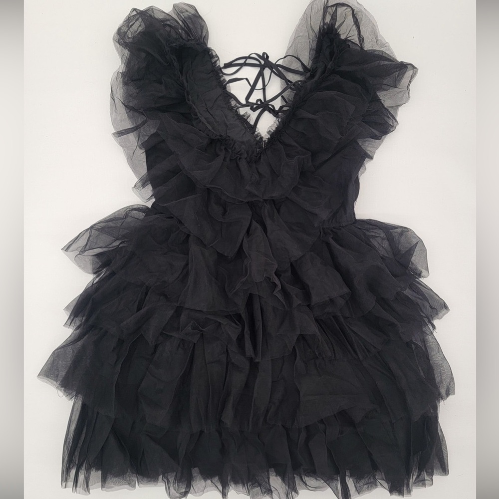 White Birch Black Tulle V Neck Dress